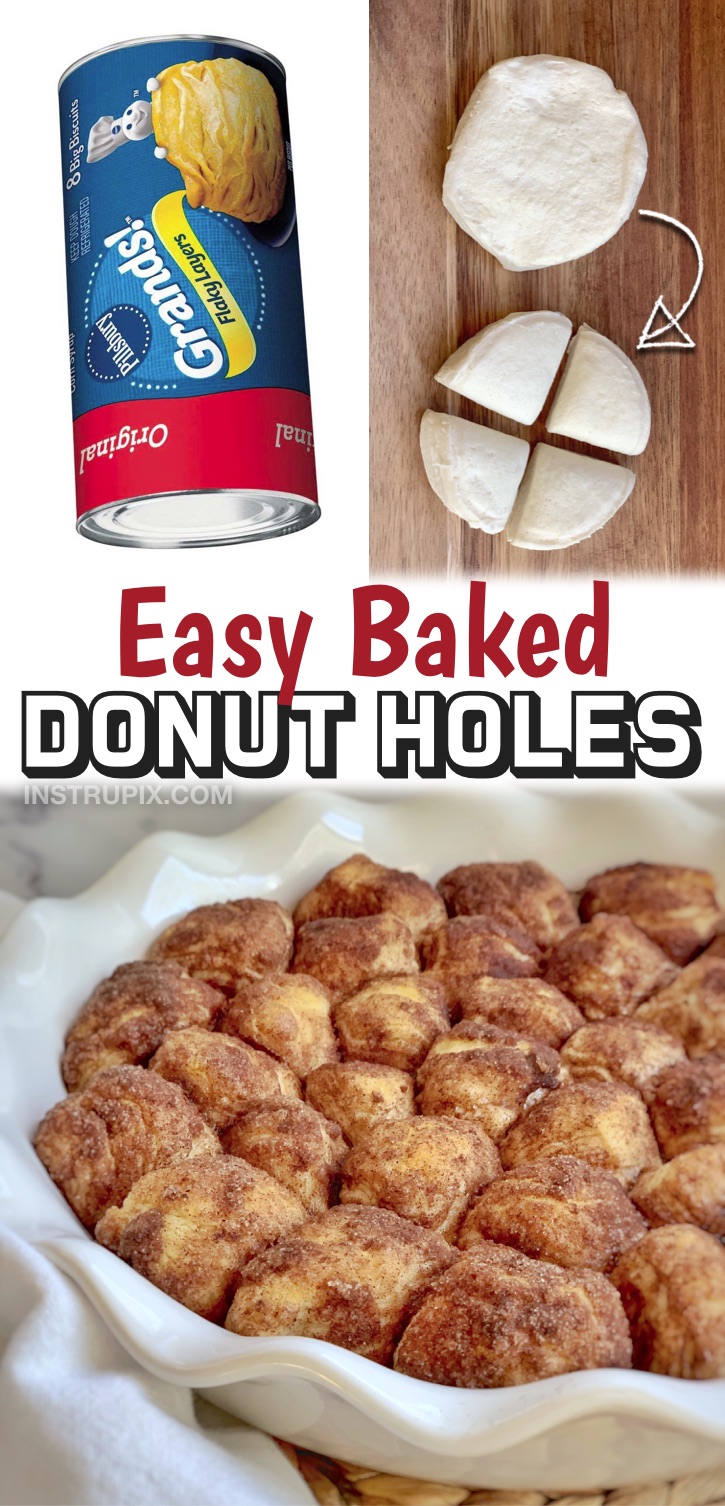 Homemade Oven Baked Cinnamon Sugar Donut Holes | This quick and easy dessert recipe (or breakfast idea) is made with just 4 simple ingredients. It doesn’t get any lazier than this thanks to Pillsbury biscuits. They are perfect for lazy Sunday mornings at home or even an easy sweet treat. Kids love them! You simply cut the dough into quarters, roll them into balls, drench the dough in butter and then roll them in the cinnamon sugar mixture. Bake, & done! Great for special occasions and birthdays.