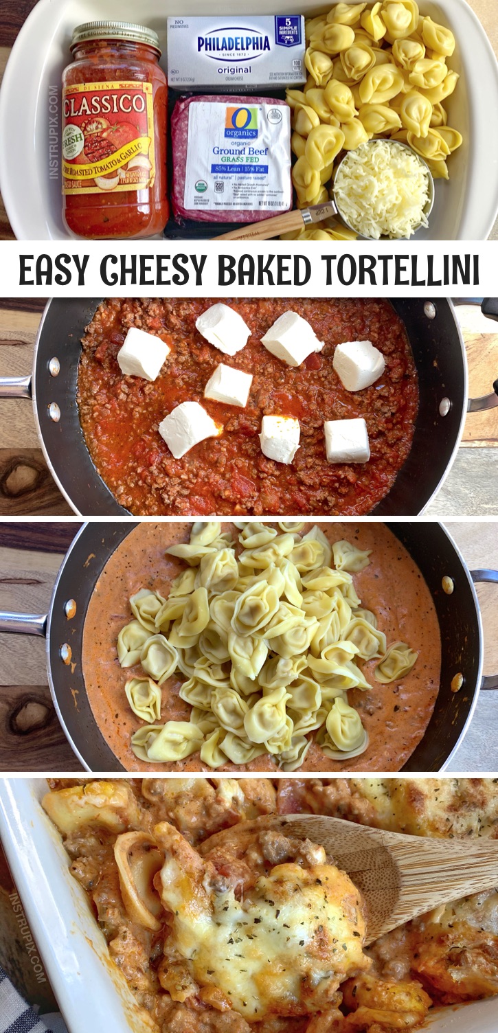 Looking for quick and easy casserole recipes for dinner? Cheesy Baked Tortellini With Meat Sauce -- A simple dinner idea made with ground beef! This cheap and simple weeknight meal is great for busy moms. Even your picky eaters will love this easy recipe, including the kids. The BEST dinner recipe for large groups or families with kids. #instrupix #casseroles #easydinnerrecipes 