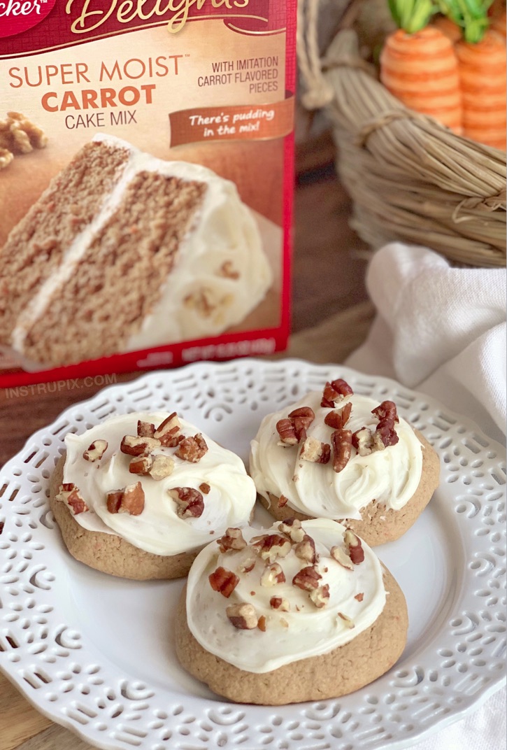 4 Ingredient Carrot Cake Cookies with Cream Cheese -- Quick, easy and unique cookie recipe! Perfect for Spring and Easter parties to feed a crowd. These Easter cookies are soft, delicious and so simple to make.