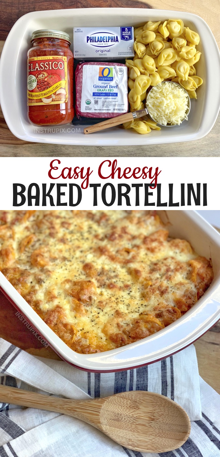 Looking for casserole recipes for dinner? Cheesy Baked Tortellini Casserole With Meat Sauce -- A quick and easy dinner recipe made with ground beef! This simple weeknight meal is great for busy moms. Even picky eaters will love it, including the kids. My favorite weeknight meal idea that can last up to 3 nights! #instrupix #casseroles #easydinnerrecipes 