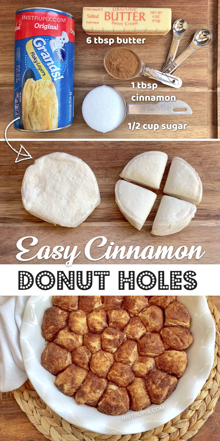 Looking for quick and easy dessert recipes? These easy homemade baked donut holes are made with Pillsbury biscuits, cinnamon, sugar and butter! Just 4 simple ingredients. The easiest dessert recipe you will ever make! So simple to make, and delish! Easy Oven Baked Doughnut Hole Recipe #donutholes #dessert #4ingredients #instrupix #pillsbury