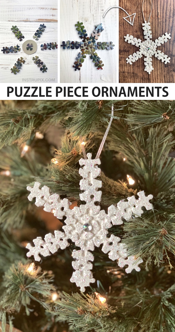 Easy DIY Puzzle Piece Snowflake Ornament Tutorial - plus other fun DIY puzzle piece craft ideas for kids, teenagers and adults. These simple projects are perfect for wall art, room decor, gifts and more. Awesome and creative craft ideas to try! #instrupix #craftideas #christmas