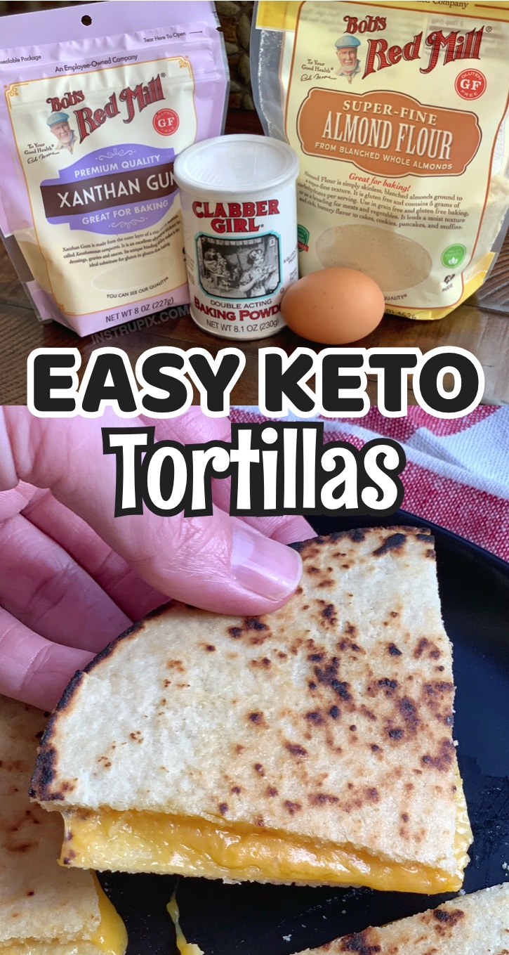 A homemade low carb tortilla recipe made with just a few basic ingredients including almond flour, egg, baking powder, and xanthan gum. These taste so delicious! Better than flour tortillas, and they are soft and bendable. Now you can eat tacos and quesadillas again! If you're on a keto diet, I know how much you miss Mexican food. Your family is sitting around eating burritos while you chomp down on a salad. Well, now you'll never miss carbs again! These keto tortillas are here to save the day. 