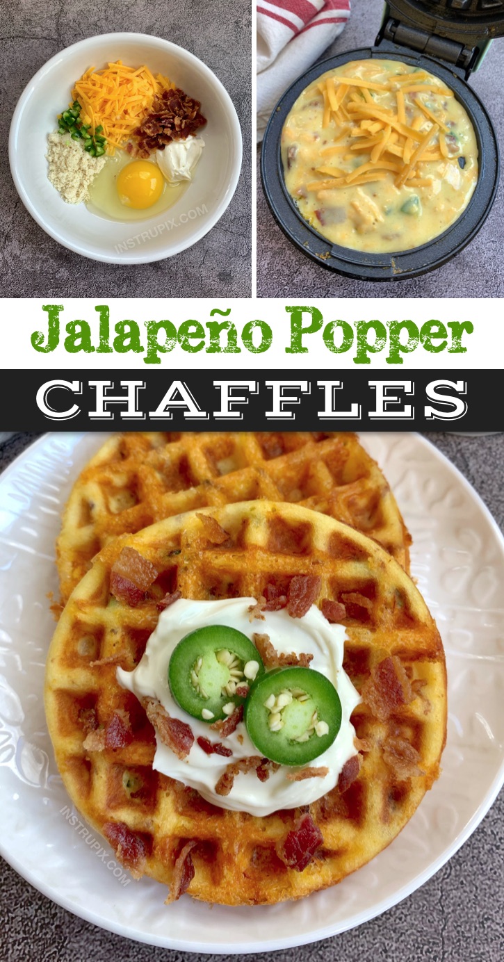 The BEST Savory Jalapeño Popper Chaffles Recipe -- Quick and easy! Keto and low carb crispy waffles made in a mini waffle maker with simple ingredients: almond flour, an egg, cheddar, cream cheese, diced jalapeño and crumbled bacon. My favorite savory chaffle recipe! Great keto recipe idea for beginners. #keto #chaffles #lowcarb #instrupix