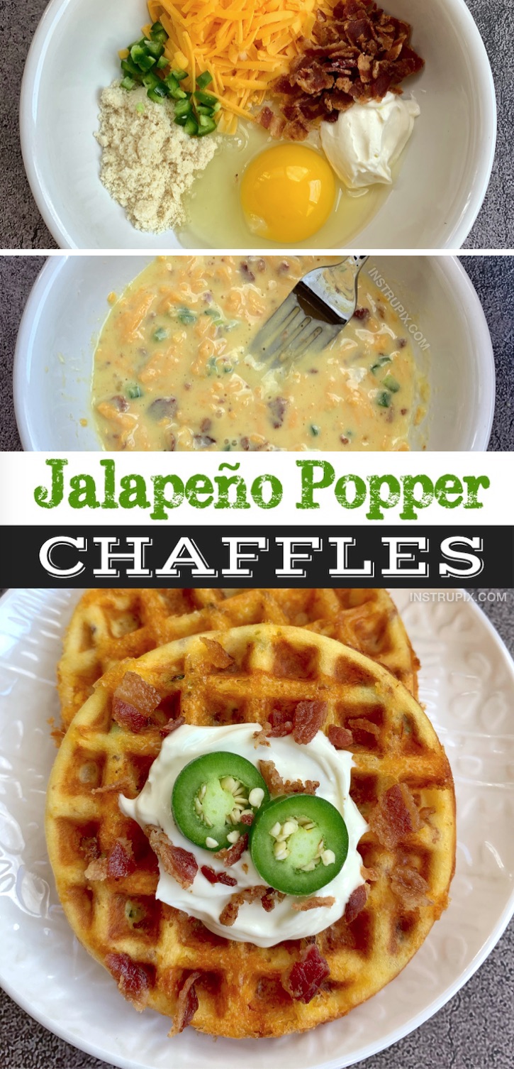 Savory Keto Jalapeño Popper Chaffles Recipe made with almond flour in a mini waffle maker! The BEST keto snack idea! So good with cream cheese. This low carb chaffle recipe is my new favorite! Quick, easy and simple to make. #instrupix #chaffles 