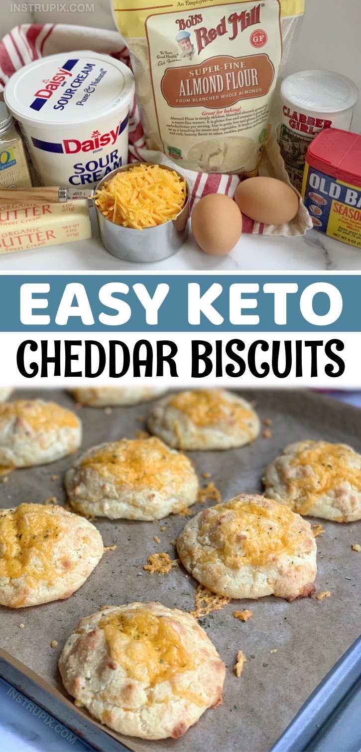 Easy Keto Almond Flour Cheesy Biscuits Recipe - This quick and easy keto biscuit recipe is made with simple low carb ingredients that you probably already have stocked in your pantry. The almond flour, sour cream and cheddar makes this simple recipe so hearty and delicious. I’d venture to say they’re even better than regular cheddar bay biscuits from Red Lobster. Super moist and delicious! Eat these heavenly biscuits alone as a savory snack or enjoy them as a low carb side to any keto friendly meal like soup or salad.