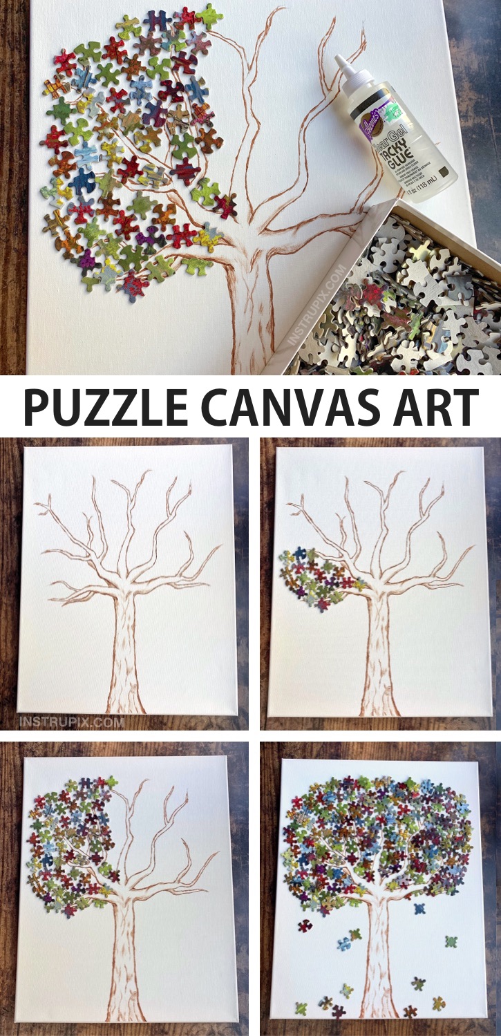 Simple Puzzle Piece Canvas Art Project -- DIY Puzzle Tree. A fun and creative wall decor craft idea to try! Awesome puzzle piece canvas art project for teenagers and adults. This simple and cheap activity is fun and creative for the home and won't cost hardly anything. A pretty cool recycling craft! If you're looking for simple puzzle projects, this one is easy and fun to make. #instrupix #craftideas #diywalldecor 