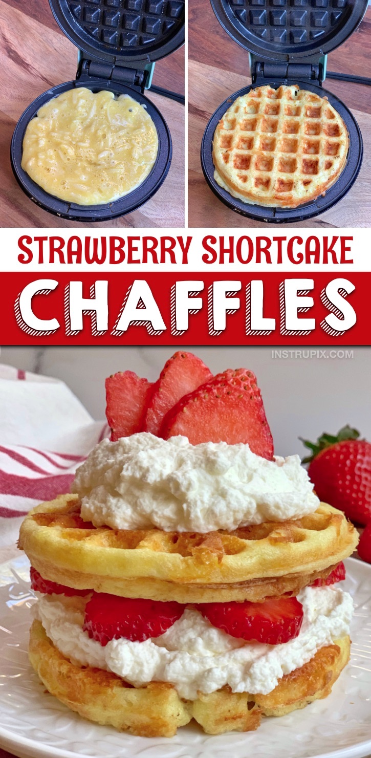 Looking for quick and easy sweet keto chaffle recipes? These keto strawberry shortcake chaffles are so simple to make in your mini waffle maker with cream cheese and almond flour. The BEST keto and low carb dessert recipe for one! Keto friendly, low carb and atkins approved. Yum! #instrupix #keto #chaffles 