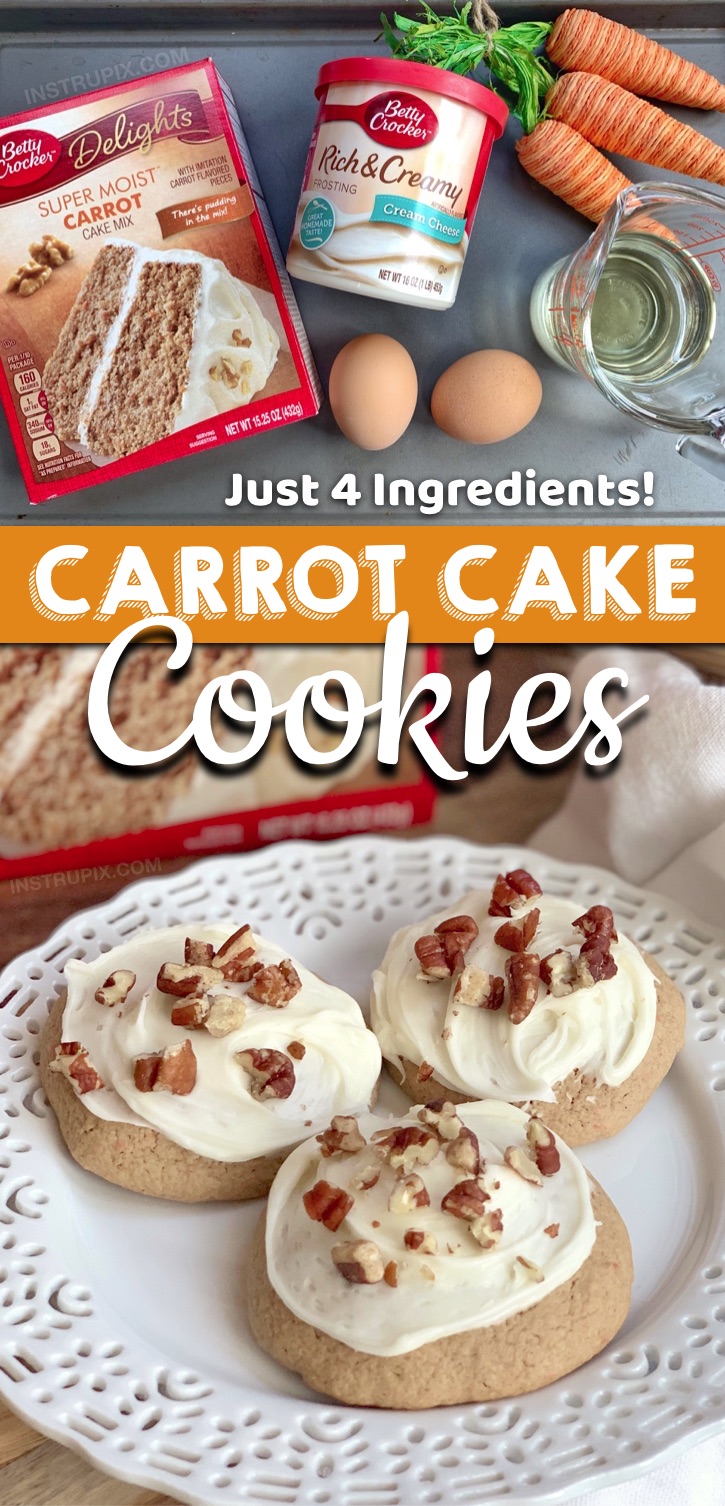 Looking for quick and easy cookie recipes? These are the BEST cookies made with 4 ingredients! These Carrot Cake Mix Cookies With Cream Cheese Frosting are made with simple and cheap ingredients:Betty Crocker cake mix, eggs, oil and frosting. These fun and unique cookies from cake mix are the perfect Easter party or potluck dessert idea! Great for any spring party or get-together. Kids and adults will love them! #instrupix 