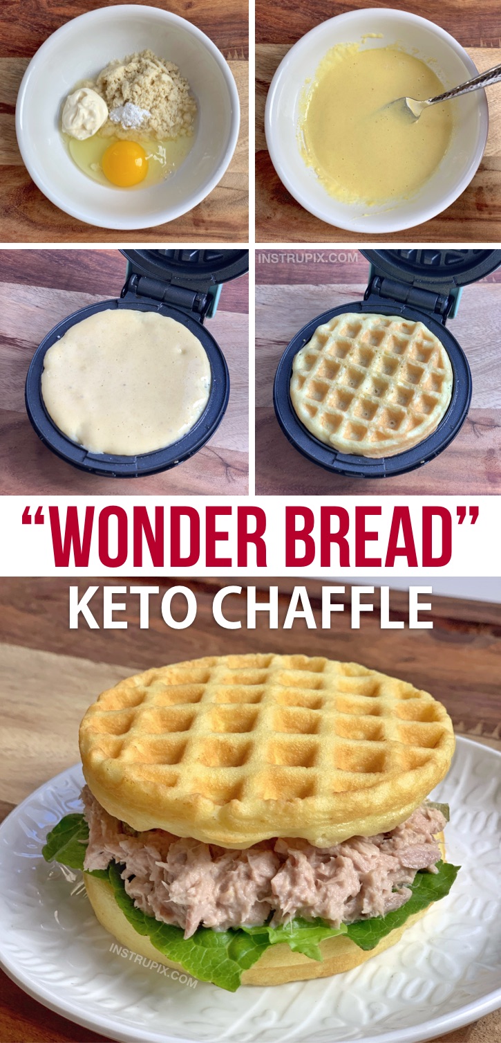 Easy Keto Wonder Bread Chaffle Recipe made with almond flour, mayo, an egg and baking powder! Quick, easy, simple and delish! This keto soft white bread is a breeze to make in your mini waffle maker. If you're looking for keto waffle sandwich bread, this is the only recipe you need! #keto #lowcarb #chaffles #wonderbread #instrupix 