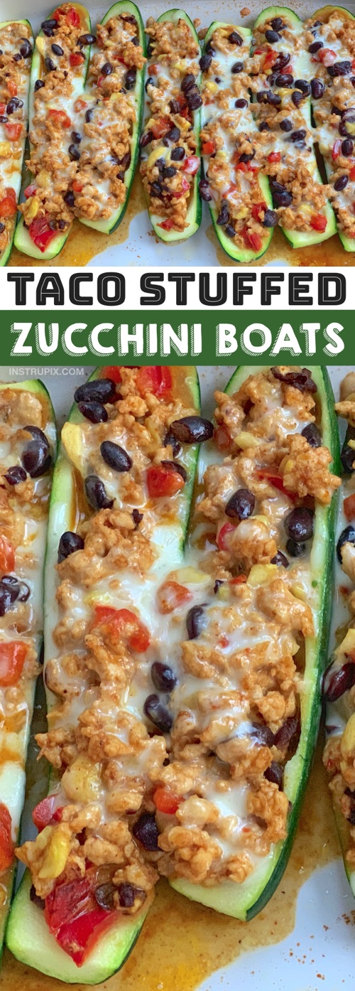 Looking for quick and easy healthy dinner recipes? Low carb stuffed zucchini boats are my favorite simple meal! This healthy dinner idea is made with just zucchini, ground turkey, black beans, bell pepper, cheese, salsa and taco seasoning. Stuff, bake and eat! This is the perfect low carb clean eating dinner recipe for two (with leftovers), and plenty for the family with a little rice on the side. Even your picky eaters will love these zucchini boats. They're budget friendly, too. #instrupix