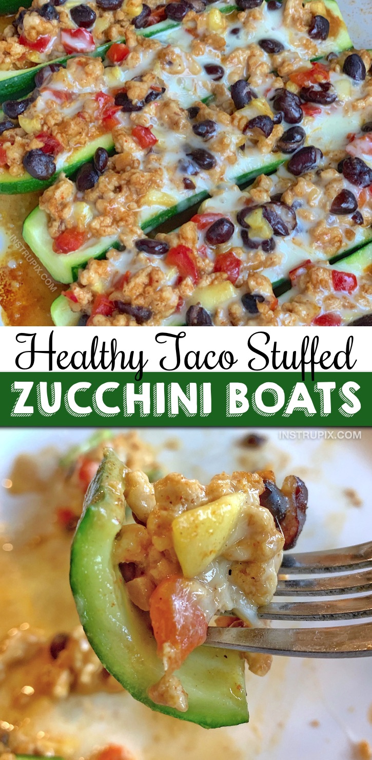 Looking for quick and easy dinner recipes for busy weeknights? These low carb and healthy turkey taco stuffed zucchini boats are great for the entire family! This simple dinner recipe is made with cheap and healthy ingredients that are a breeze to throw together. Budget friendly and loaded with veggies, protein and fiber! Yum #instrupix #healthydinner #zucchiniboats