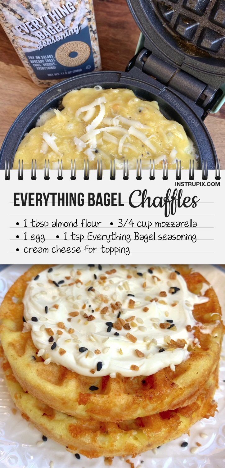Looking for quick and easy keto breakfast recipes? These crispy low carb chaffle bagels are amazing and so simple to make in your mini waffle maker. Just almond flour, an egg, cheese and Everything Bagel Seasoning... then spread with cream cheese! Yum, easy keto crispy chaffles made with almond flour. Keto friendly, diabetic and delicious. A great keto recipe for beginners. #instrupix #keto #chaffles 
