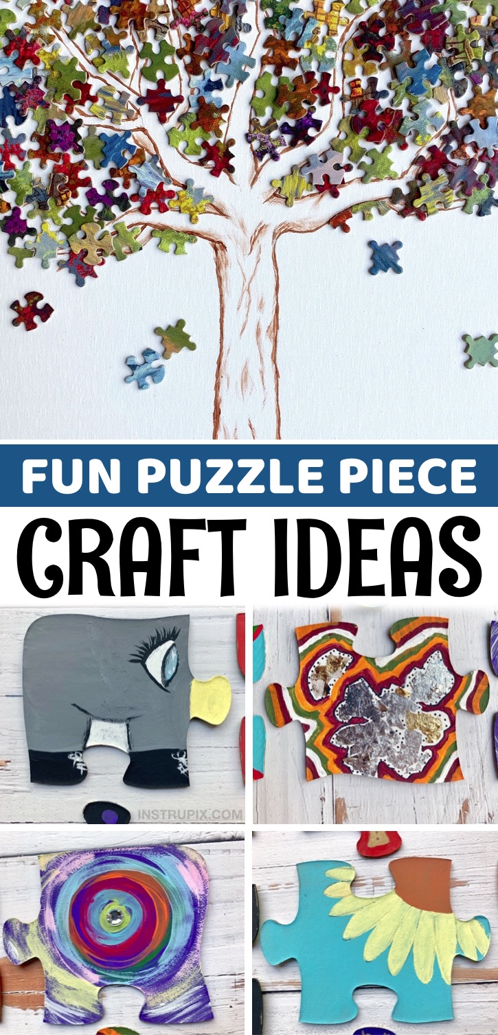 Creative projects to try for kids, teenagers and adults! Do you have any old jigsaw puzzles laying around taking up valuable shelf space? Put those colorful pieces to use! There are so many awesome ways to be creative with unwanted puzzles including easy crafts, wall art, room decor, group projects, gifts and much more. These simple craft ideas are cheap, easy and a great way to recycle both small and large puzzle pieces. Even as an adult, I really enjoyed making these creative crafts.