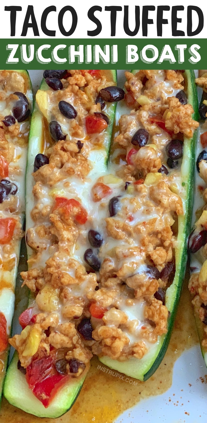 Looking for quick and easy healthy dinner recipes? These taco turkey stuffed zucchini boats are healthy, low carb, gluten free and delicious! They are made with simple ingredients: ground turkey, taco seasoning, salsa, cheese, peppers, beans and zucchini. The entire family will love this easy clean eating meal! Serve with rice for big appetizers if you'd like. You an also substitute the turkey for ground beef or chicken. The perfect recipe for two with leftovers for the next day. #healthy