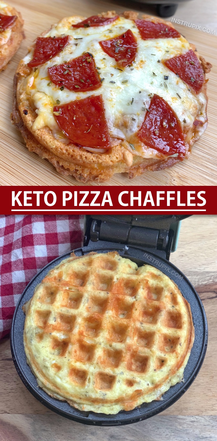 Easy Keto Pizza Chaffles Recipe Made With Almond Flour. So crispy and simple to make! This is an easy low carb dinner recipe for beginners and the entire family will devour them, even the kids! Simply make the crispy keto friendly pizza crust in a mini waffle maker and then bake in the oven with shredded cheese and toppings. #instrupix #chaffles