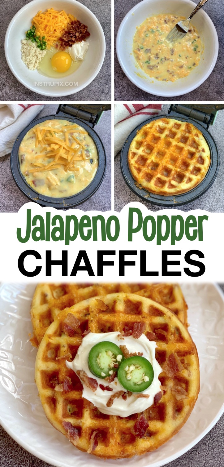 If you're looking for easy and savory chaffle recipes, these jalapeno popper chaffles are super simple to make with almond flour, cream cheese, cheddar, bacon, egg and jalpeno! Great for breakfast with a little extra cream cheese spread over top, or even as spicy sandwich bread. These chaffles are insanely good! They're keto friendly, low carb, gluten free and take less than 5 minutes to mix and cook in a mini waffle maker. One of my favorite low carb chaffle recipes!