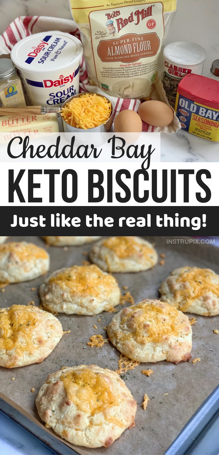 BEST keto side dish! Looking for easy keto diet recipes for beginners? These copycat keto cheddar bay biscuits are to die for! They are made with simple ingredients including almond flour, cheese, sour cream, butter, eggs and seasoning. If you are looking for almond flour keto bread recipes or easy low carb side dishes, your search ends here. These almond flour biscuits go with just about any dinner or bbq including chicken, beef, steak, ribs, fish and more. The BEST keto comfort food! #keto #lowcarb #instrupix #almondflour