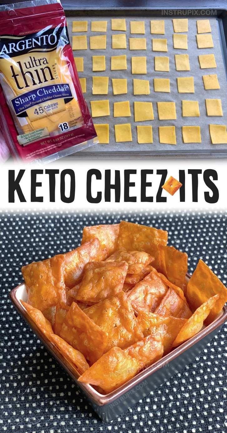 Keto Cheezit Crackers | This easy keto snack is perfect for on the go! Bring them to work or school with you for a satisfying little snack without any guilt. You can use any type of sliced cheese as long as it is really thin. I recommend the Sargento Ultra Thin Cheese. The cheddar tastes JUST like Cheez-Its when it’s baked, but you can also use pepper jack or swiss if you’d like. You simply slice the cheese into bite size pieces and then bake them at a low temperature for about 30 minutes. The BEST low carb snack!