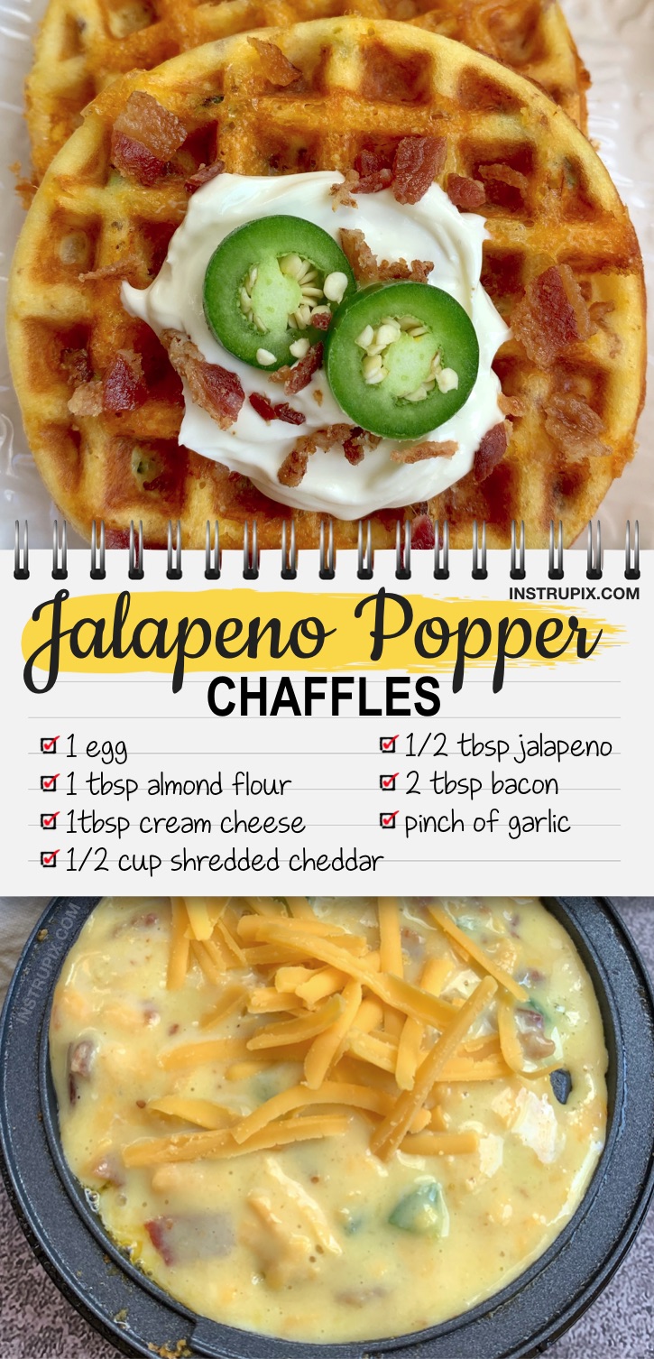 Looking for easy keto recipes for beginners? This savory chaffle recipe is made with simple ingredients: almond flour, cream cheese, egg, cheddar, jalapeno, bacon and garlic. The BEST keto snack made in a mini waffle iron! These are crispy like eating a real jalapeno popper. Eat them as a meal or even as a spicy sandwich bread. If you're looking for keto snack ideas, breakfast recipes or even easy meals, these quick and easy chaffles are very satisfying. Seriously, the BEST! #keto #lowcarb