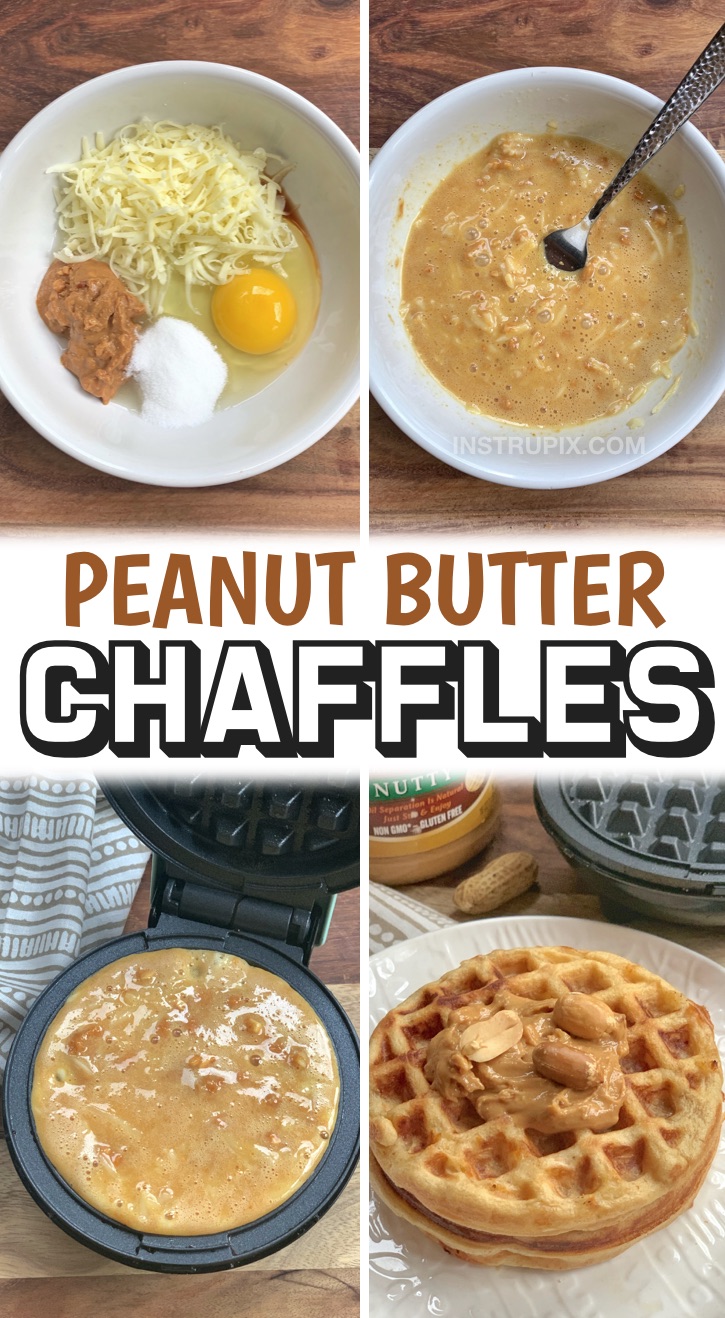 These low carb peanut butter waffles are so quick and easy to make, and they are perfect for a sweet keto breakfast or even midday snack! They taste like a peanut butter cookie. If you're looking for simple keto breakfast recipes and you're tired of eating eggs, you won't believe how yummy these chaffles are. Serve alone or with sugar free syrup. They take less than 5 minutes to make in your mini waffle maker. So yummy, even my kids love them! Perfect if you're on a keto or low carb diet. 