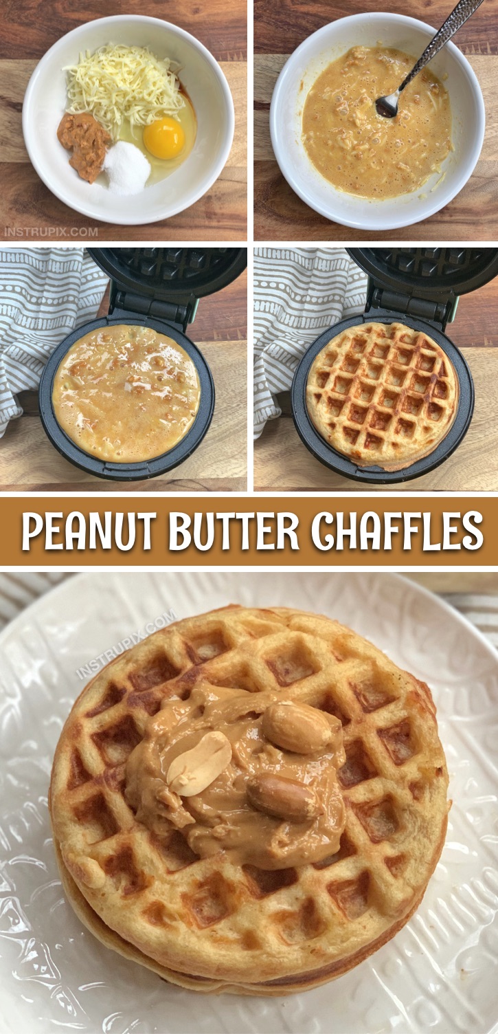 Looking for keto breakfast ideas for beginners? This Easy Keto Peanut Butter Chaffles Recipe is made with just 5 ingredients and only takes a few minutes to make in your mini waffle maker! These peanut butter chaffles are my new favorite sweet low carb breakfast. So simple to make and perfect for beginners on a ketogenic diet. #keto #chaffles #instrupix