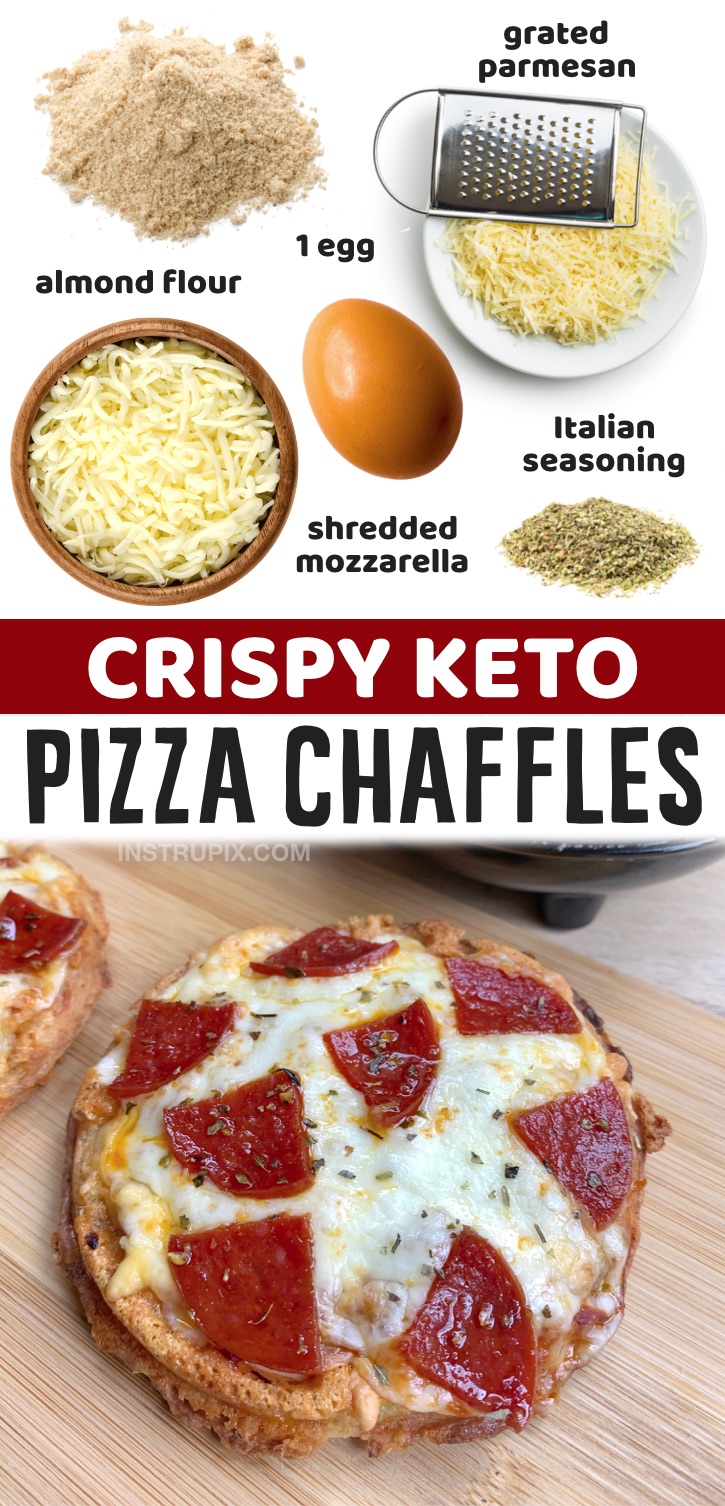 Looking for last minute easy keto recipes? These pizza chaffles are great for lunch or dinner when you don't feel like cooking! Plus, they are made with just a few simple ingredients: almond flour, mozzarella cheese, parmesan and an egg. Super quick and easy to make thanks to your mini waffle maker. So yummy, even my kids love them. You can't even tell that they are low carb and keto friendly. If you're trying to lose weight and ditch the carbs, you won't even miss them with this recipe.