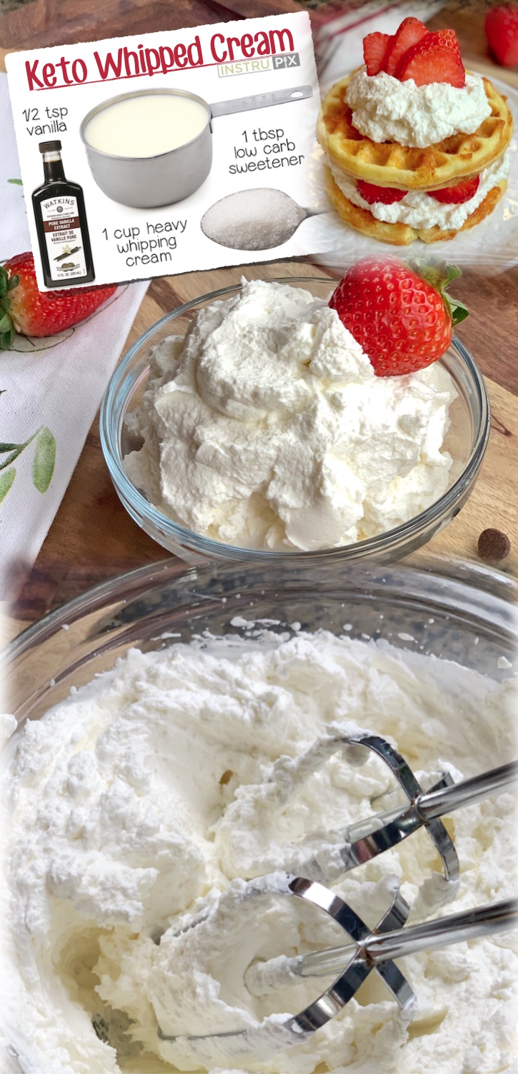 Easy Keto Whipped Cream Recipe | A fantastic low carb dessert made with heavy whipping cream & swerve! I love putting this amazing sweet treat in my morning coffee. It's also delicious with crispy keto breakfast waffles, with berries, or even just eaten by the spoonful! Homemade whipped cream is absolute heaven. Once you make this delicious fluffy treat yourself, you will never buy the store-bought stuff again. I’m sure you know how quick and easy it is to make, too. Never eat the sugar-free Cool Whip again!