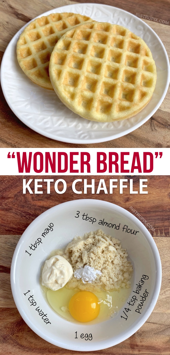 Wonder Bread Keto Chaffle Recipe-- Quick, easy and made in your mini waffle maker! This keto sandwich bread recipe is made with just mayo, almond flour, an egg and baking powder. Just like soft white bread but keto, low carb and guilt-free. Great for beginners! This recipe makes eating low carb a breeze. #keto #chaffles #lowcarb #instrupix