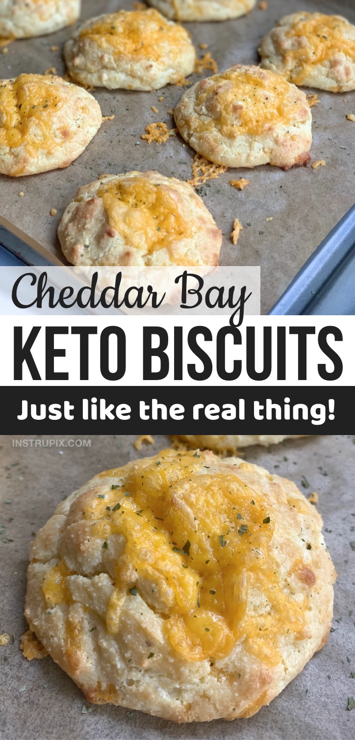 Looking for quick and easy keto recipes for beginners? These low carb cheesy keto biscuits are made with simple ingredients that you probably already have, including almond flour, cheddar and sour cream. They are the best keto bread substitute, and wonderful served as a side dish to any low carb meal. These keto copycat cheddar bay biscuits are amazing comfort food. Great for on the go at work, too. Your entire family will love them! Add these to your meal plan. Perfect for lunch, dinner, breakfast or even snacks. 