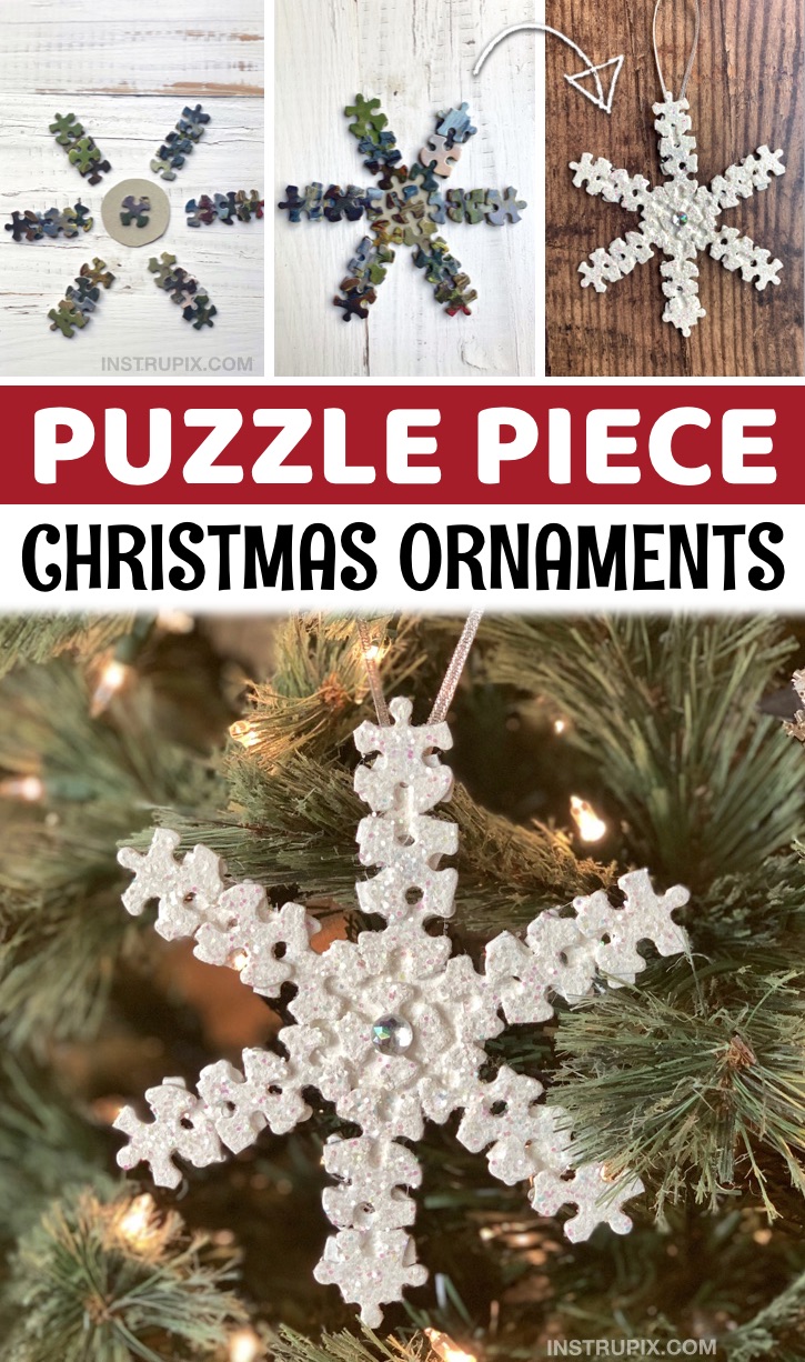 DIY Snowflake Christmas Ornaments - Do you have any old jigsaw puzzles laying around taking up valuable shelf space? Put those colorful pieces to use! There are so many awesome ways to be creative with unwanted puzzles including easy crafts, wall art, room decor, group projects, gifts and much more. I especially love these homemade Christmas ornaments! With a little bit of paint and glue, you can make snowflakes, trees, reindeer and much more. Kids and adults will love this simple holidlaly project.