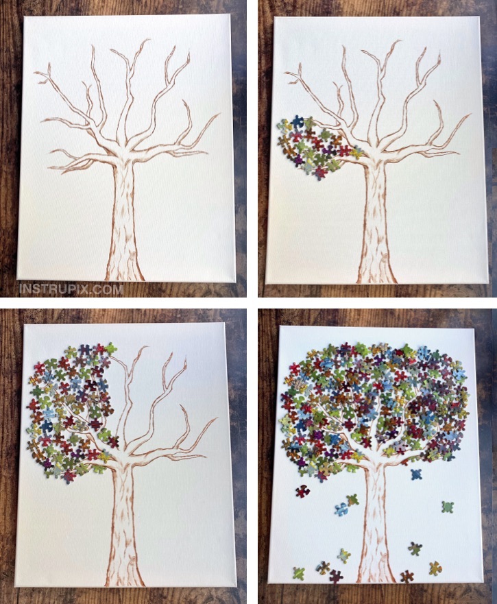 Fun DIY Puzzle Piece Craft Ideas For Kids, Teenagers and adults! These creative projects are perfect for room decor, wall decor, gifts and more. DIY Puzzle Piece Tree Canvas Art Project #instrupix