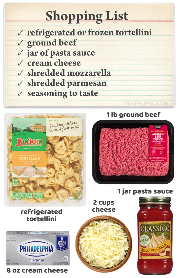 Quick and easy dinner recipes for a family with kids! These cheesy baked tortellini casserole is absolutely delicious and feeds a large hungry family, plus it's made with really simple and cheap ingredients including ground beef, pasta, pasta sauce, cream cheese and shredded mozzarella. The best Italian dinner recipe! 