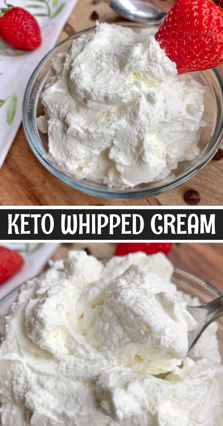 If you're looking for easy keto dessert recipes made with 3 ingredients, homemade whipped cream is AMAZING! It goes with just about every low carb dessert. It's like a heavenly mousse! It's also keto friendly and made with just 3 simple ingredients: heavy cream, vanilla extract and the low carb sweetener of your choice-- I use Swerve. You could also flavor it with other extracts like peppermint or strawberry. So good! You could make it even richer with a little cream cheese.