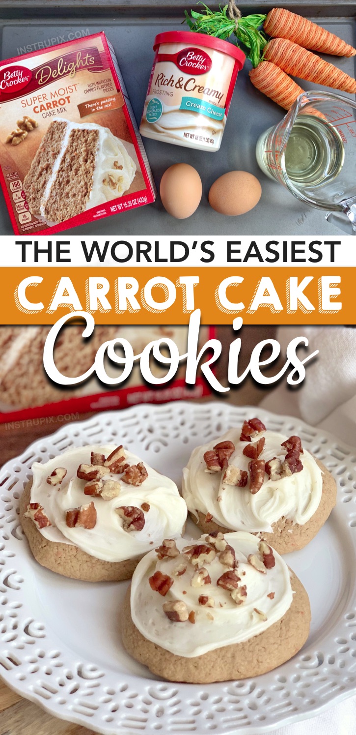 Looking for quick and easy cookie recipes with just 4 ingredients? These Easy Carrot Cake Cookies With Cream Cheese Frosting are made with just 4 simple ingredients: Betty Crocker carrot cake mix, eggs, oil and cream cheese frosting. These unique cookies are THE BEST spring and easter dessert idea! Perfect for a party or crowd. Kids and adults love them! #instrupix #cakemixcookies #easter #spring