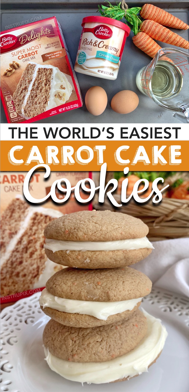 Looking for quick and easy unique cookie recipes with just 4 ingredients? These Easy Carrot Cake Cookies With Cream Cheese are made with simple ingredients: Betty Crocker carrot cake mix, eggs, oil and store bought cream cheese frosting. These unique and easy cookies from cake mix are THE BEST Easter party dessert idea! Perfect for a spring party or large crowd. Kids and adults love them! #instrupix #cakemixcookies #easter #spring