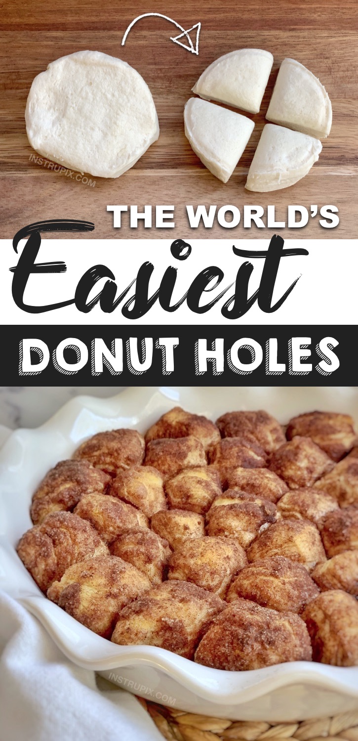 Looking for quick & easy desserts with few ingredients? These homemade Pillsbury Biscuit donut holes are so cheap and simple to make! Kids and adults love them. Made with just biscuit dough, butter, cinnamon and sugar. They are a fun and creative snack and after dinner treat even for the kids to make. You could even dip them in chocolate or cream cheese frosting. Yum! I just love easy dessert recipes like this! #dessert #funsnacks #pillsbury #donutholes #fewingredients #instrupix