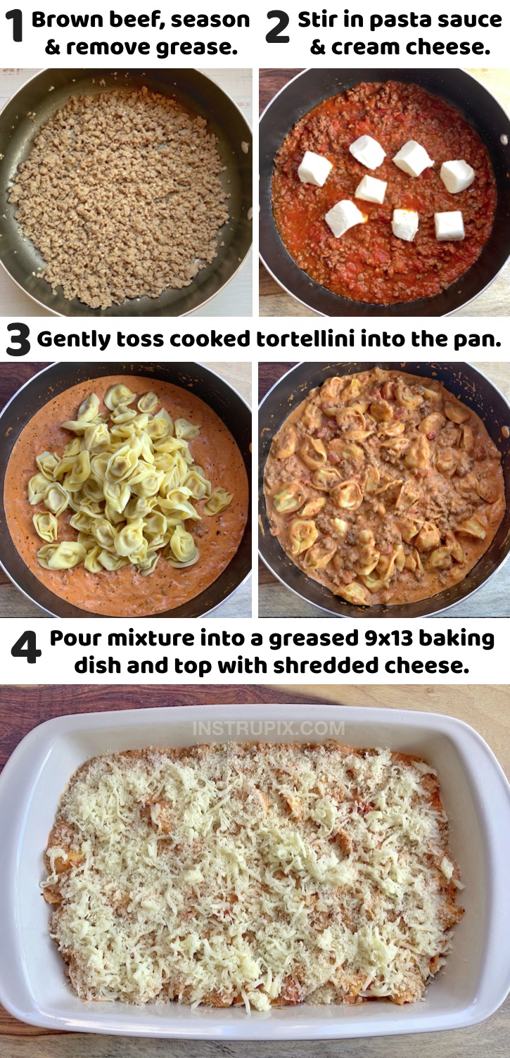 Quick and Easy Family Dinner Recipes - This cheesy baked tortellini pasta casserole is a hit with my kids! Even my picky eaters devour it. If you're looking for simple weeknight meals made with just a few ingredients, this pasta casserole is made with just a few cheap ingredients and feeds a large family of six or more. A super yummy Italian inspired meal with a twist! Great for last minute ground beef dinners, plus it's budget friendly and kid approved.