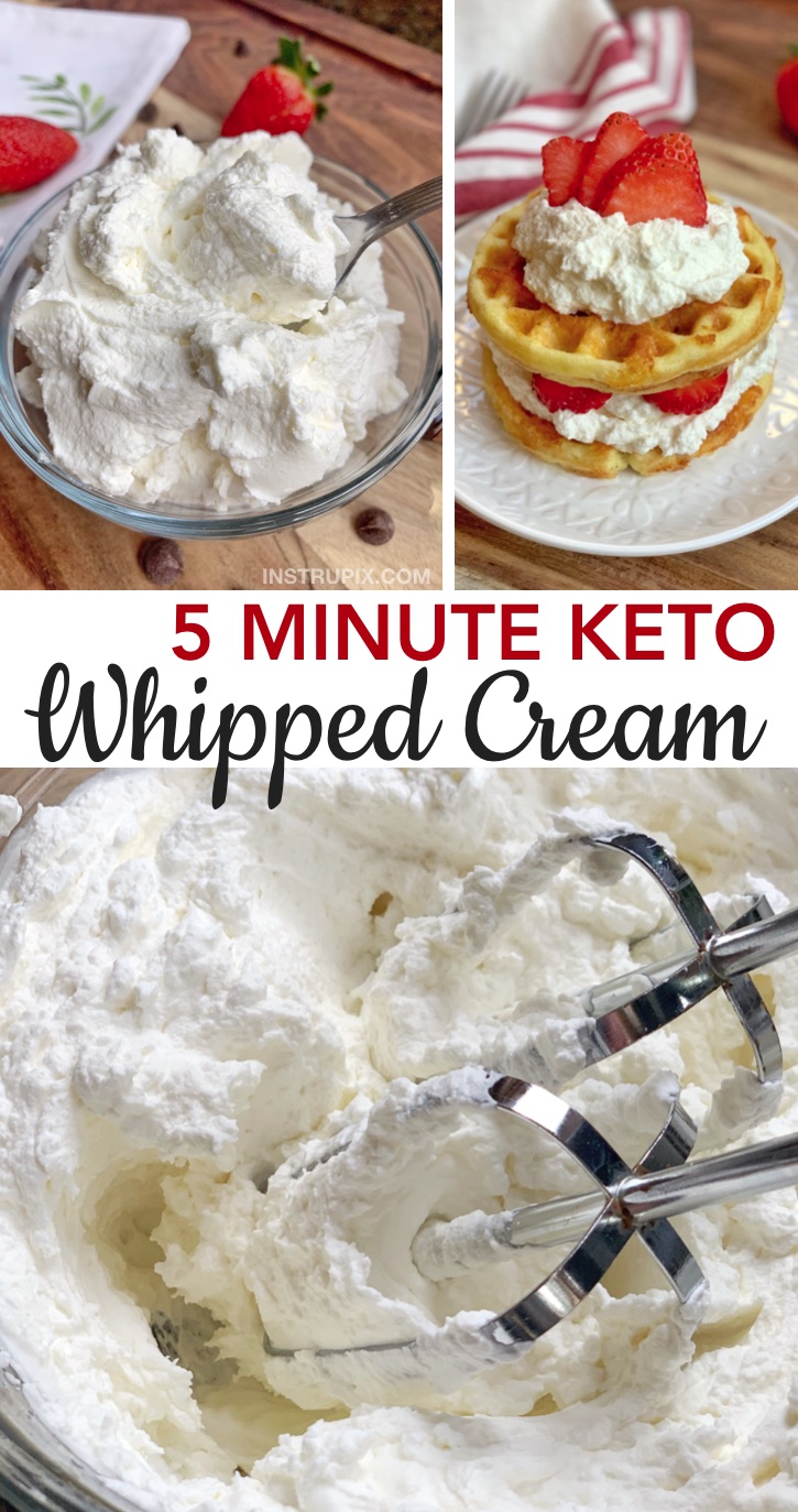 Quick and Easy Keto Whipped Cream Recipe With Swerve -- Takes just 5 minutes! Low carb, sugar free and made with simple ingredients. The BEST 3 ingredient keto dessert recipe! It's like eating mousse. Way better than Cool Whip! Great keto dessert idea for beginners on a ketogenic diet.