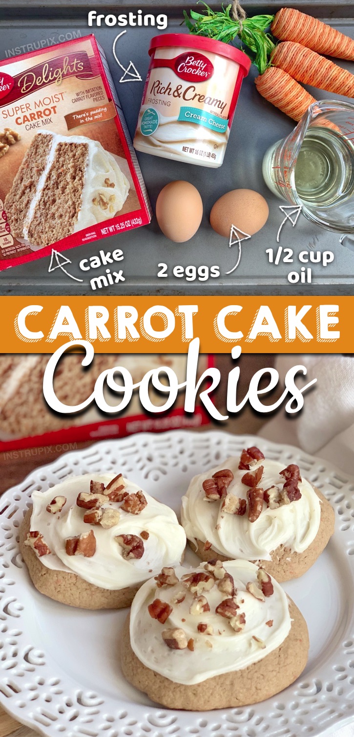 Looking for quick and easy cookie recipes made with just 4 ingredients? These Carrot Cake Mix Cookies With Cream Cheese are made with simple and cheap ingredients: a box of Betty Crocker carrot cake mix, eggs, oil and store bought cream cheese frosting. These fun and unique cookies from cake mix are THE BEST Easter party or potluck dessert idea! Perfect for any spring party or get-together. Kids and adults both love them! #instrupix 