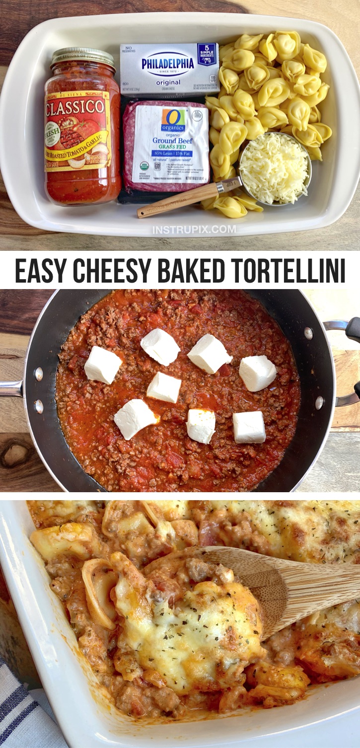 Looking for quick and easy ground beef dinner recipes for picky eaters? Kids and adults love this baked tortellini casserole! It's so simple to make with just 5 cheap ingredients: ground beef, cream cheese, mozzarella, tortellini and tomato sauce. It's the perfect week night meal for large families with kids (especially on busy weeknights for moms and dads). If you're looking for cheap and easy meals for dinner, this pasta recipe is always a hit-- toddlers, teens and even the hubby will love it!