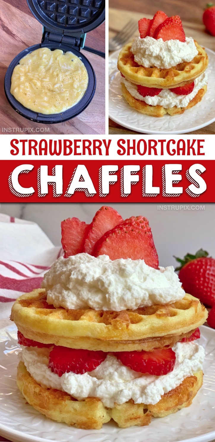 Easy keto & low carb sweet strawberry shortcake chaffles -- quick and easy keto friendly dessert recipe to make in your mini waffle maker with cream cheese and almond flour. The BEST keto dessert idea for one! A simple and delicious keto dessert recipe for beginners, too. Yum! #instrupix #keto #chaffles 