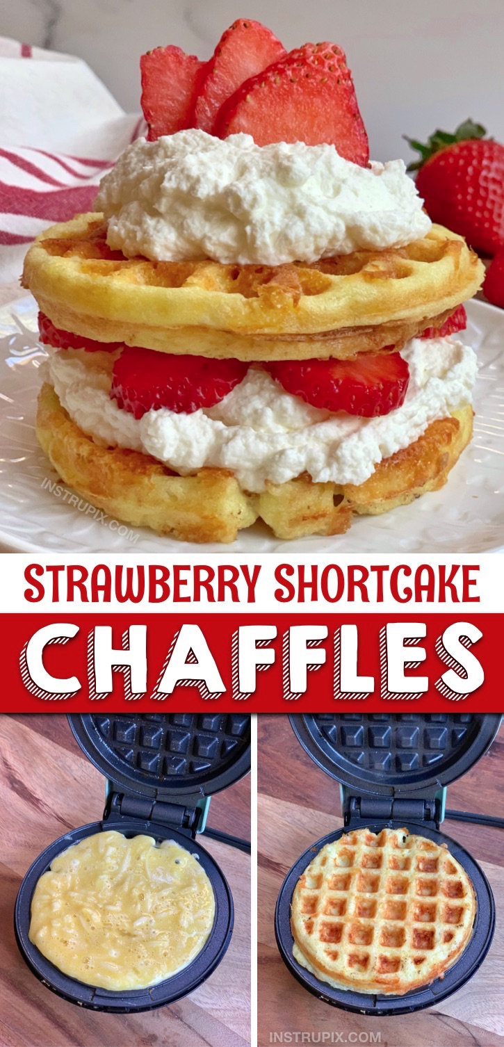 Looking for quick and easy low carb dessert recipes? These keto sweet strawberry shortcake chaffles are so simple to make in your mini waffle maker with cream cheese and almond flour. The BEST keto and low carb sweet recipe! Keto friendly and atkins approved. Yum! #instrupix #keto #chaffles 