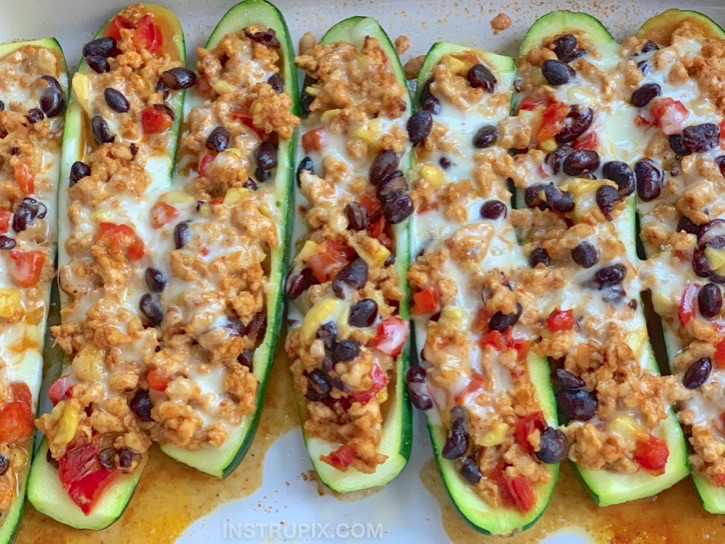 Quick, easy and healthy taco stuffed zucchini boats made with turkey and black beans.