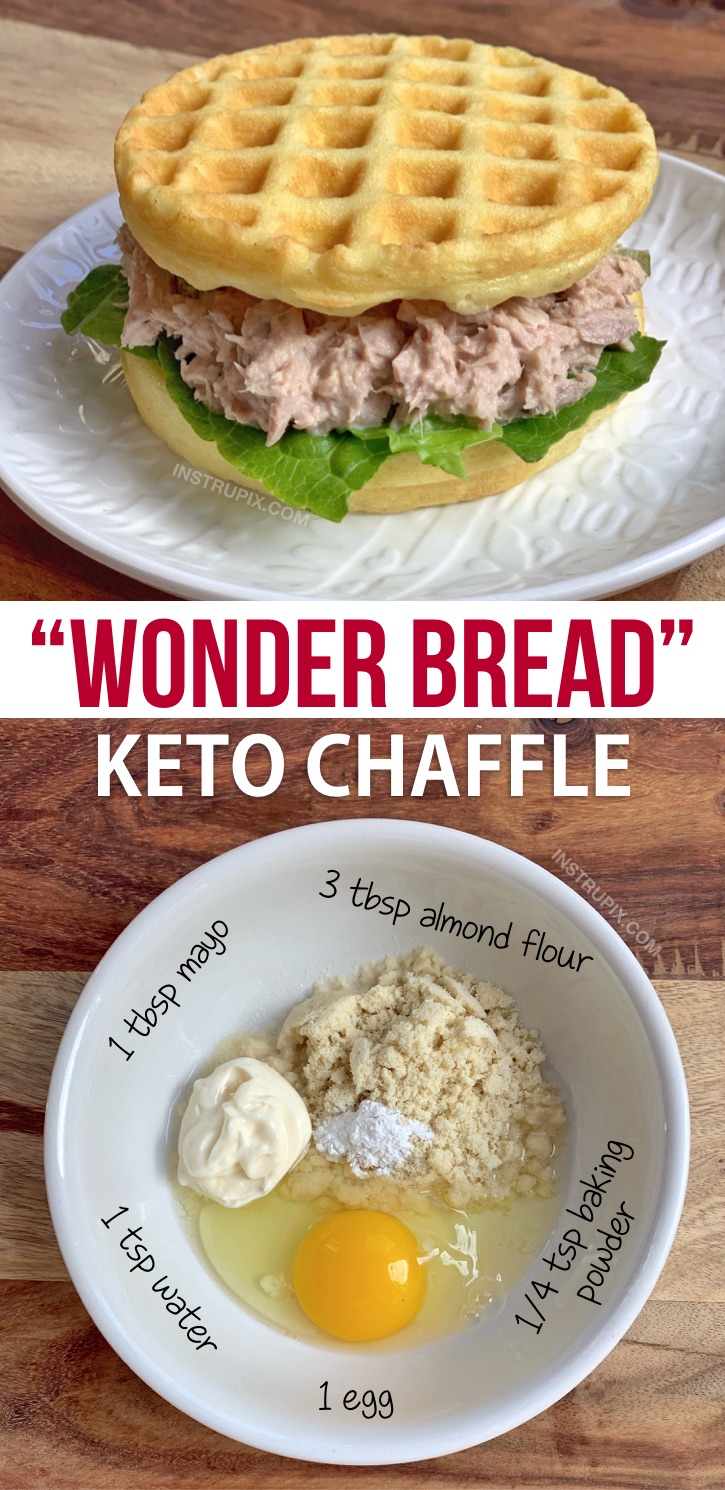 Wonder Bread Chaffle Recipe made with mayo, almond flour, an egg and baking powder! Quick, easy, keto and delish! This low carb soft white bread is a breeze to make in your mini waffle maker. If you're looking for keto waffle sandwich bread recipes, this simple recipe is the only one you need! #keto #lowcarb #chaffles #wonderbread #instrupix 