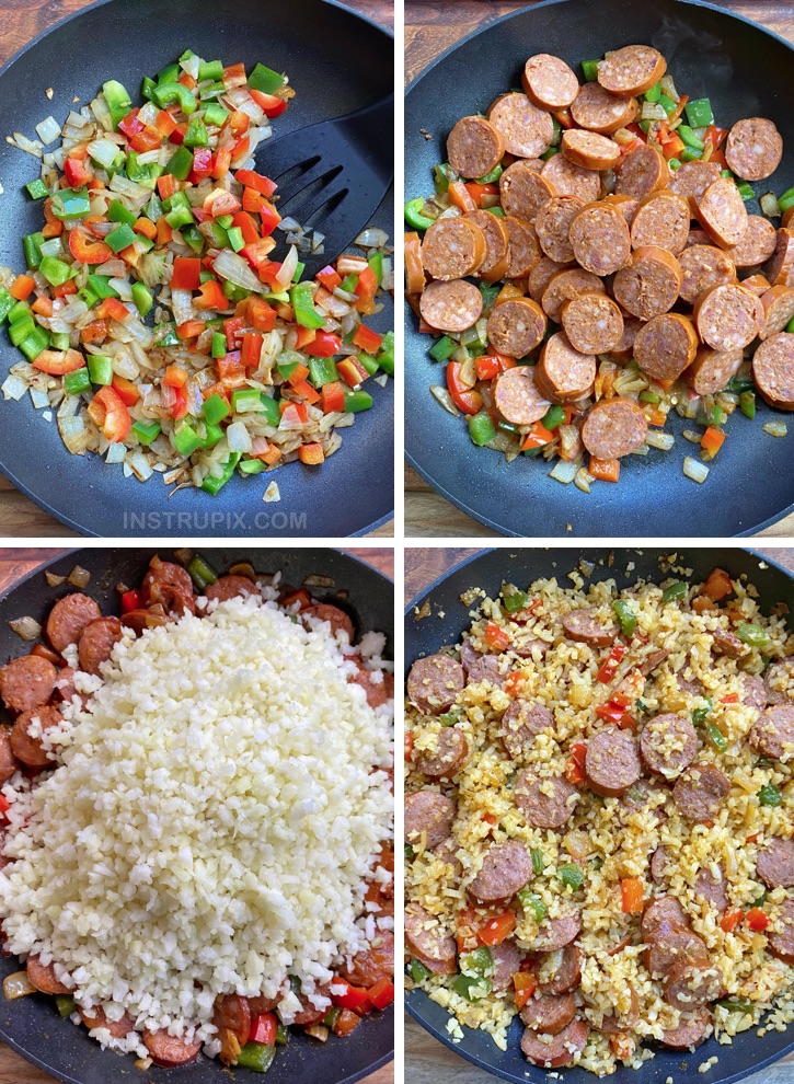 Quick, easy and healthy low carb dinner recipe made with simple and cheap ingredients: frozen cauliflower rice, sausage, bell pepper, onion, cajun seasoning and oil. Yummy!