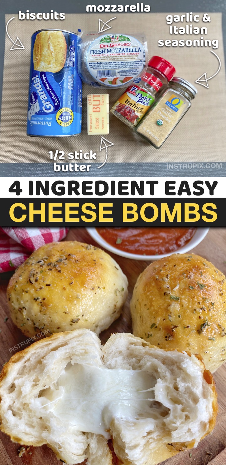 Quick and easy homemade garlic bread recipe stuffed with cheese! The BEST comfort food recipe-- great as a snack, appetizer or game day food. Easy Cheese Bombs made with Pillsbury biscuits, mozzarella, butter and garlic. #instrupix