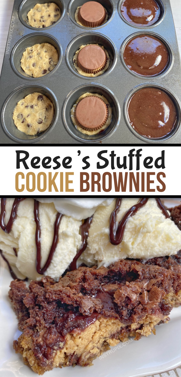 Looking for quick and easy chocolate dessert recipes with just 3 ingredients? These peanut butter cup stuffed cookie brownies (brookies) are incredibly simple to make in a muffin tin! This is seriously the BEST dessert recipe, ever (probably in the history of the world!). They remind me of a fancy lava cake or pizookie served warm with ice cream. This amazing dessert is basically the marriage of a cookie, brownie and Reese's peanut butter cup. #chocolate #3ingredients #instrupix