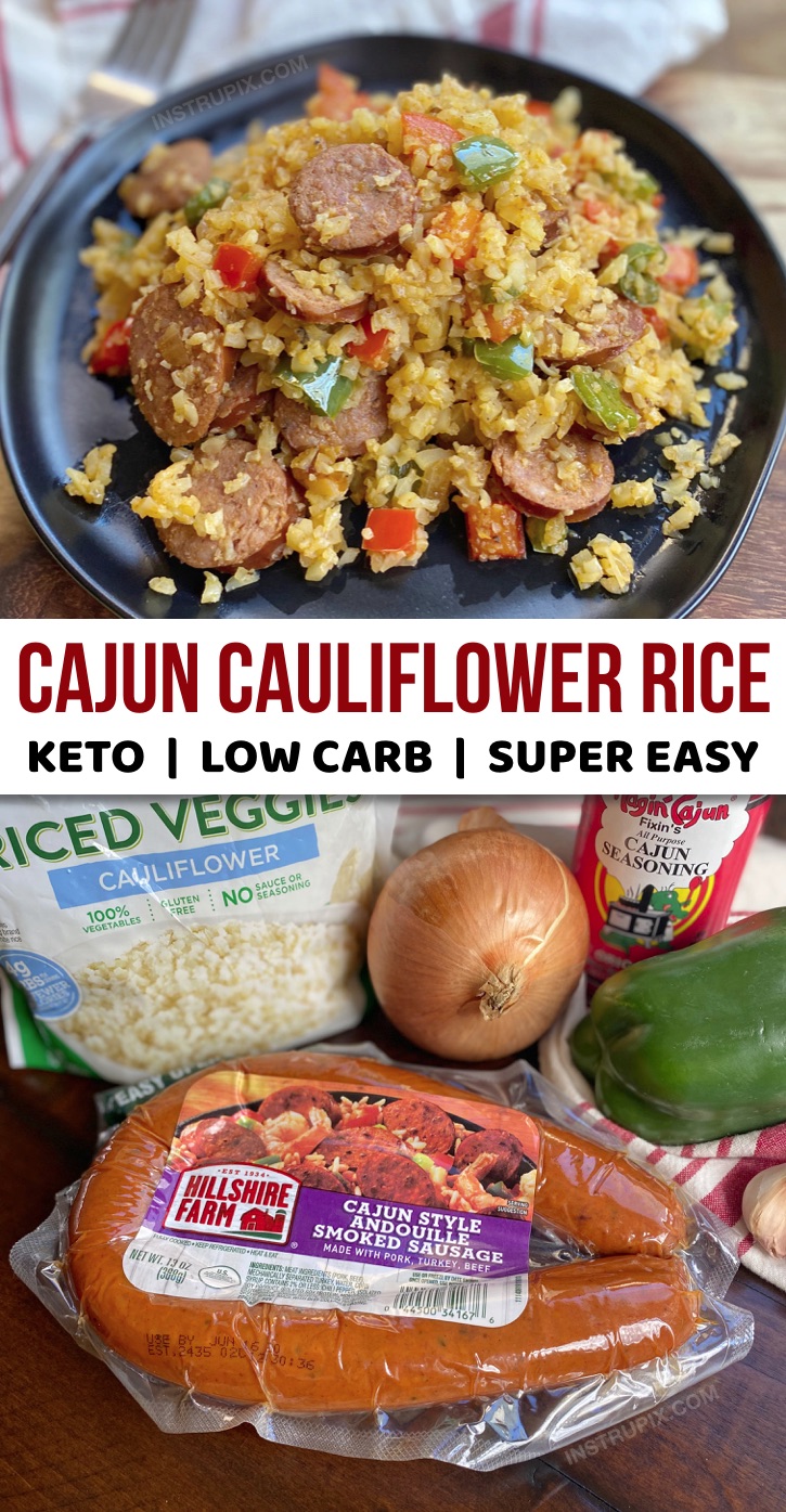 Looking for easy and healthy keto dinner recipes for beginners? This cajun cauliflower rice is quick, easy and made with simple and cheap ingredients! It's all made in just one pot with frozen cauliflower rice, sausage, bell pepper, onion and cajun seasoning. Perfect for feeding the family or for feeding two with leftovers for lunch the next day. If you're looking for easy low carb meals, this healthy cauliflower rice is very filling and absolutely delicious. #keto #instrupix