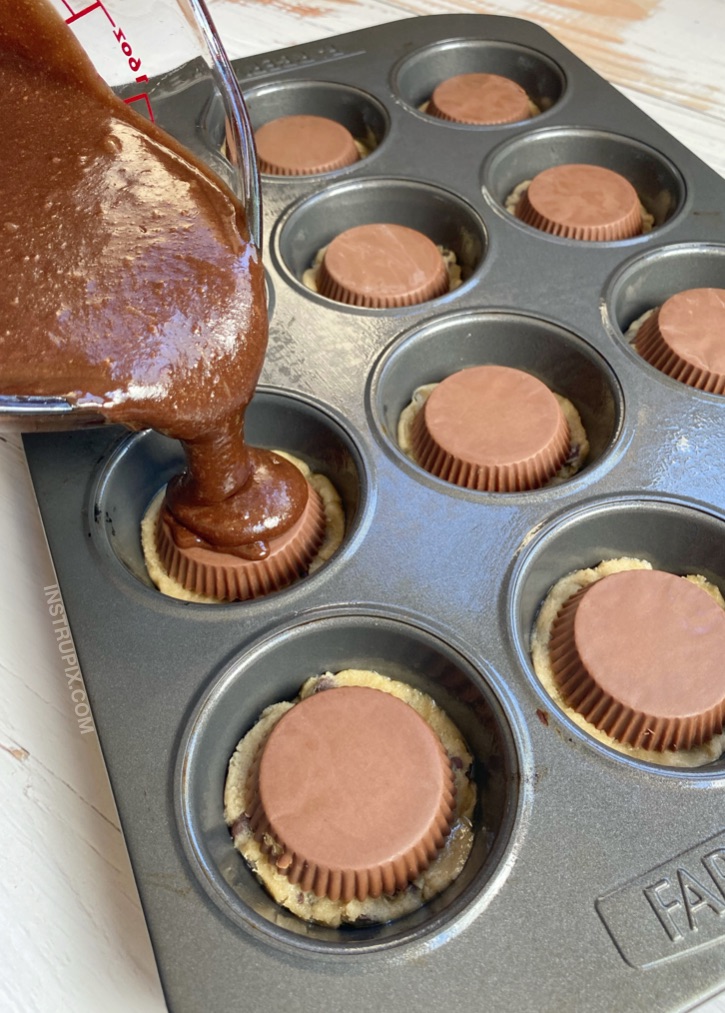 The BEST quick and easy dessert recipe, ever! In the history of the world. So simple to make with just 3 ingredients: Peanut Butter Cup Stuffed Brookies made in a muffin tin! Fun, fancy and delicious!